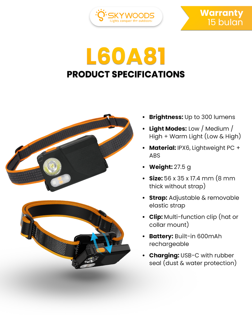 Skywoods Ultra-Slim Head Light 300 lumens L60A81